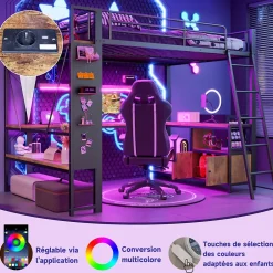 Okwish Lit Mezzanine 140x200 cm - Lit Ado avec Bureau Intégré, LED et Ports USB, Panneau Perforé et Rangement, Métal + MDF, Noir New