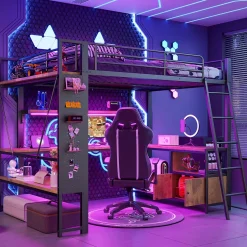Okwish Lit Mezzanine 140x200 cm - Lit Ado avec Bureau Intégré, LED et Ports USB, Panneau Perforé et Rangement, Métal + MDF, Noir New