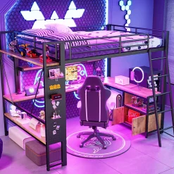 Okwish Lit Mezzanine 140x200 cm - Lit Ado avec Bureau Intégré, LED et Ports USB, Panneau Perforé et Rangement, Métal + MDF, Noir New