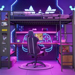 Okwish Lit Mezzanine 140x200 cm - Lit Ado avec Bureau Intégré, LED et Ports USB, Panneau Perforé et Rangement, Métal + MDF, Noir New