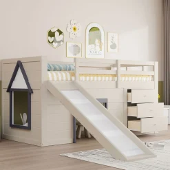 Okwish Lit mezzanine 90x200 cm - Lit avec rangement et toboggan - MDF et Pin - Sans matelas - Crème