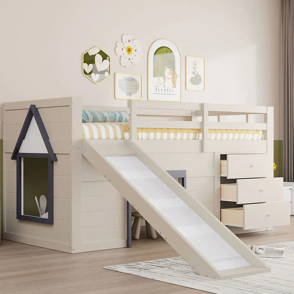 Okwish Lit mezzanine 90x200 cm - Lit avec rangement et toboggan - MDF et Pin - Sans matelas - Crème