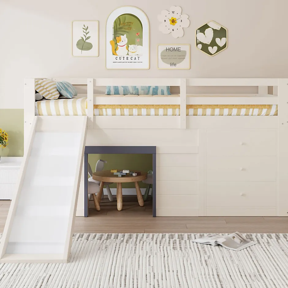 Okwish Lit mezzanine 90x200 cm - Lit avec rangement et toboggan - MDF et Pin - Sans matelas - Crème
