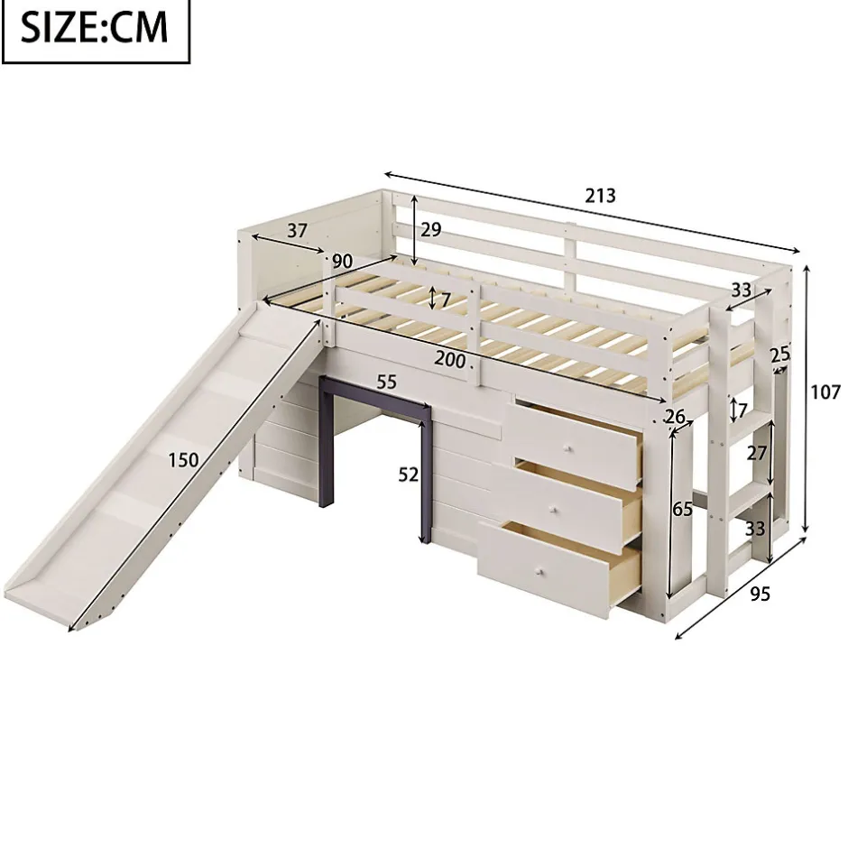 Okwish Lit mezzanine 90x200 cm - Lit avec rangement et toboggan - MDF et Pin - Sans matelas - Crème