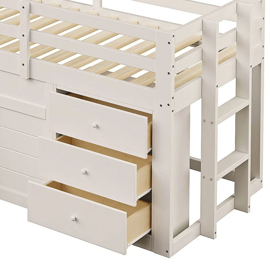 Okwish Lit mezzanine 90x200 cm - Lit avec rangement et toboggan - MDF et Pin - Sans matelas - Crème