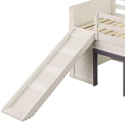 Okwish Lit mezzanine 90x200 cm - Lit avec rangement et toboggan - MDF et Pin - Sans matelas - Crème