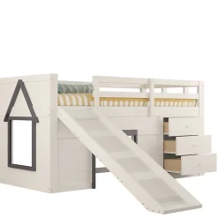 Okwish Lit mezzanine 90x200 cm - Lit avec rangement et toboggan - MDF et Pin - Sans matelas - Crème
