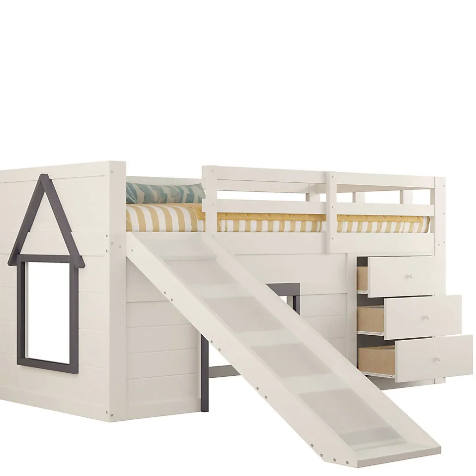 Okwish Lit mezzanine 90x200 cm - Lit avec rangement et toboggan - MDF et Pin - Sans matelas - Crème