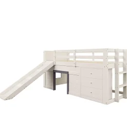 Okwish Lit mezzanine 90x200 cm - Lit avec rangement et toboggan - MDF et Pin - Sans matelas - Crème