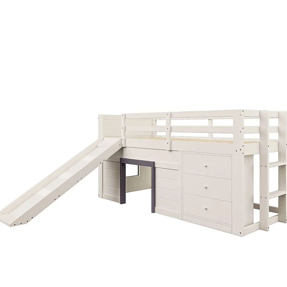Okwish Lit mezzanine 90x200 cm - Lit avec rangement et toboggan - MDF et Pin - Sans matelas - Crème