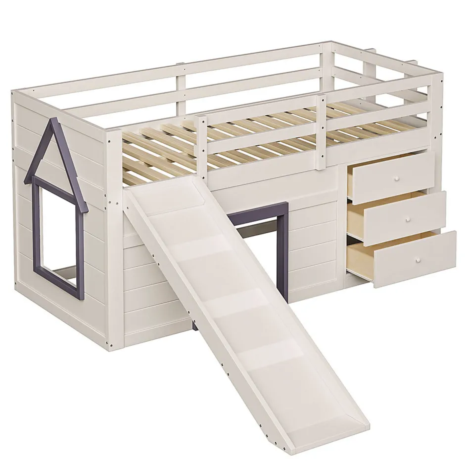 Okwish Lit mezzanine 90x200 cm - Lit avec rangement et toboggan - MDF et Pin - Sans matelas - Crème