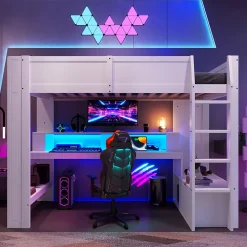 Okwish Lit mezzanine 90x200 cm - Lit avec bureau intégré et LED 16 s - Pin et MDF - Sans matelas - Blanc Discount