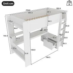 Okwish Lit mezzanine 90x200 cm - Lit avec bureau intégré et LED 16 s - Pin et MDF - Sans matelas - Blanc Discount