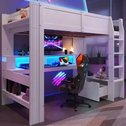 Okwish Lit mezzanine 90x200 cm - Lit avec bureau intégré et LED 16 s - Pin et MDF - Sans matelas - Blanc Discount