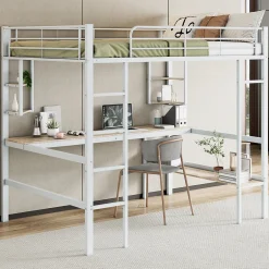 Generique Lit mezzanine 140x200 cm - Lit avec bureau et étagères - Métal + MDF - Sans matelas - Blanc