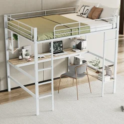 Generique Lit mezzanine 140x200 cm - Lit avec bureau et étagères - Métal + MDF - Sans matelas - Blanc