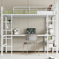 Generique Lit mezzanine 140x200 cm - Lit avec bureau et étagères - Métal + MDF - Sans matelas - Blanc