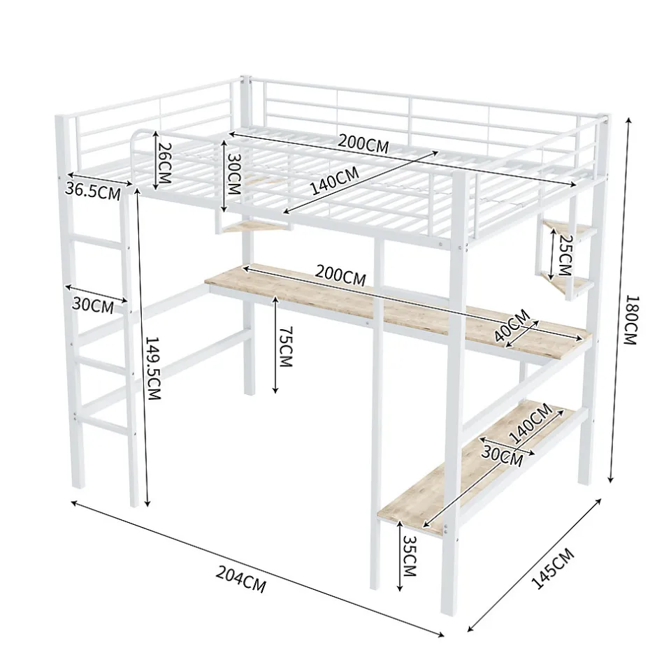Generique Lit mezzanine 140x200 cm - Lit avec bureau et étagères - Métal + MDF - Sans matelas - Blanc