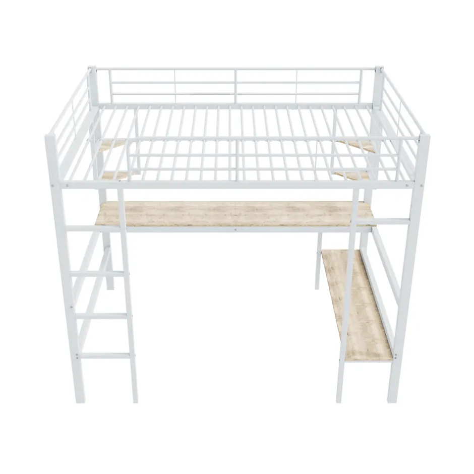 Generique Lit mezzanine 140x200 cm - Lit avec bureau et étagères - Métal + MDF - Sans matelas - Blanc