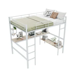 Generique Lit mezzanine 140x200 cm - Lit avec bureau et étagères - Métal + MDF - Sans matelas - Blanc