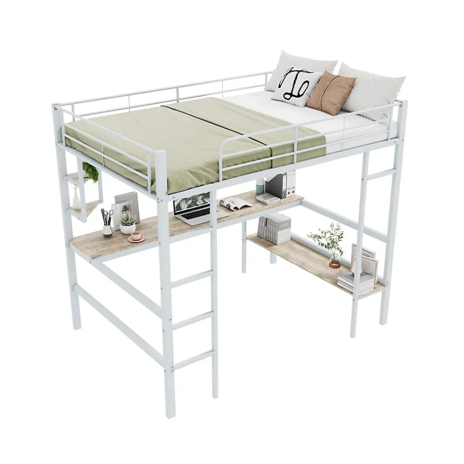 Generique Lit mezzanine 140x200 cm - Lit avec bureau et étagères - Métal + MDF - Sans matelas - Blanc