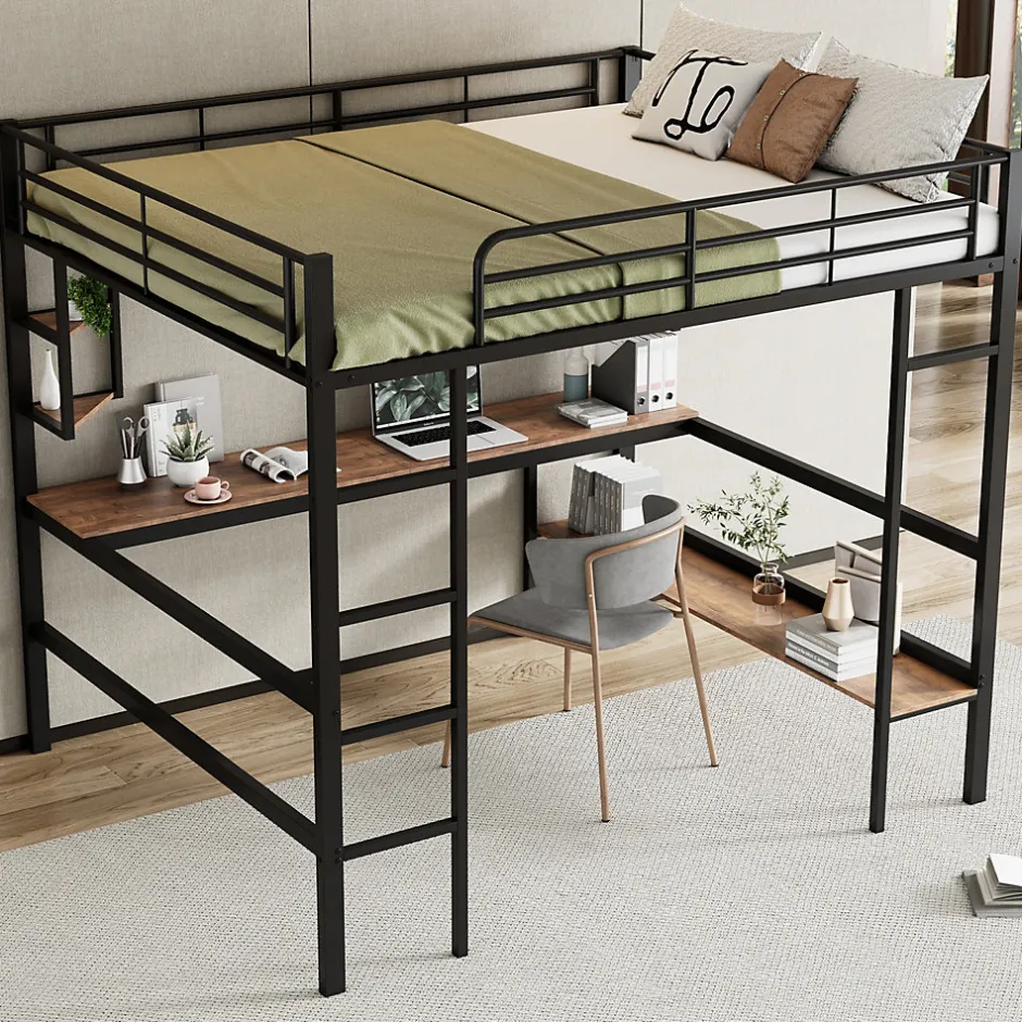 Generique Lit mezzanine 140x200 cm - Lit avec bureau et étagères - Métal + MDF - Sans matelas - Noir