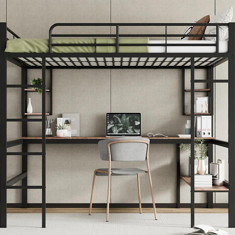 Generique Lit mezzanine 140x200 cm - Lit avec bureau et étagères - Métal + MDF - Sans matelas - Noir