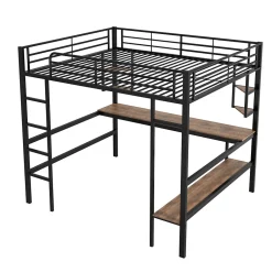 Generique Lit mezzanine 140x200 cm - Lit avec bureau et étagères - Métal + MDF - Sans matelas - Noir