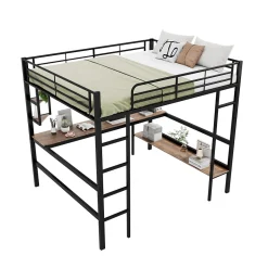 Generique Lit mezzanine 140x200 cm - Lit avec bureau et étagères - Métal + MDF - Sans matelas - Noir