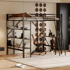 Okwish Lit mezzanine 90x200 cm - Lit avec bureau intégré - Structure métal - Sans matelas - Noir