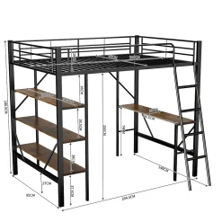 Okwish Lit mezzanine 90x200 cm - Lit avec bureau intégré - Structure métal - Sans matelas - Noir