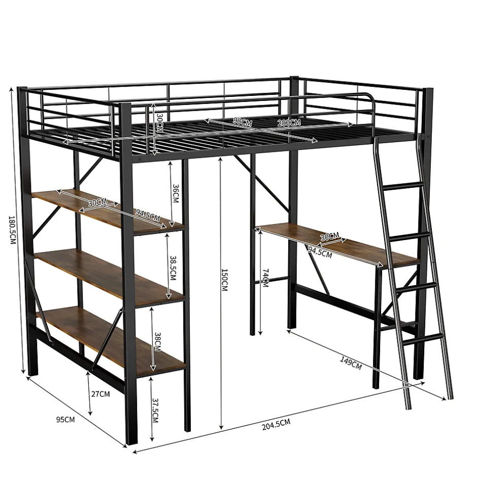 Okwish Lit mezzanine 90x200 cm - Lit avec bureau intégré - Structure métal - Sans matelas - Noir