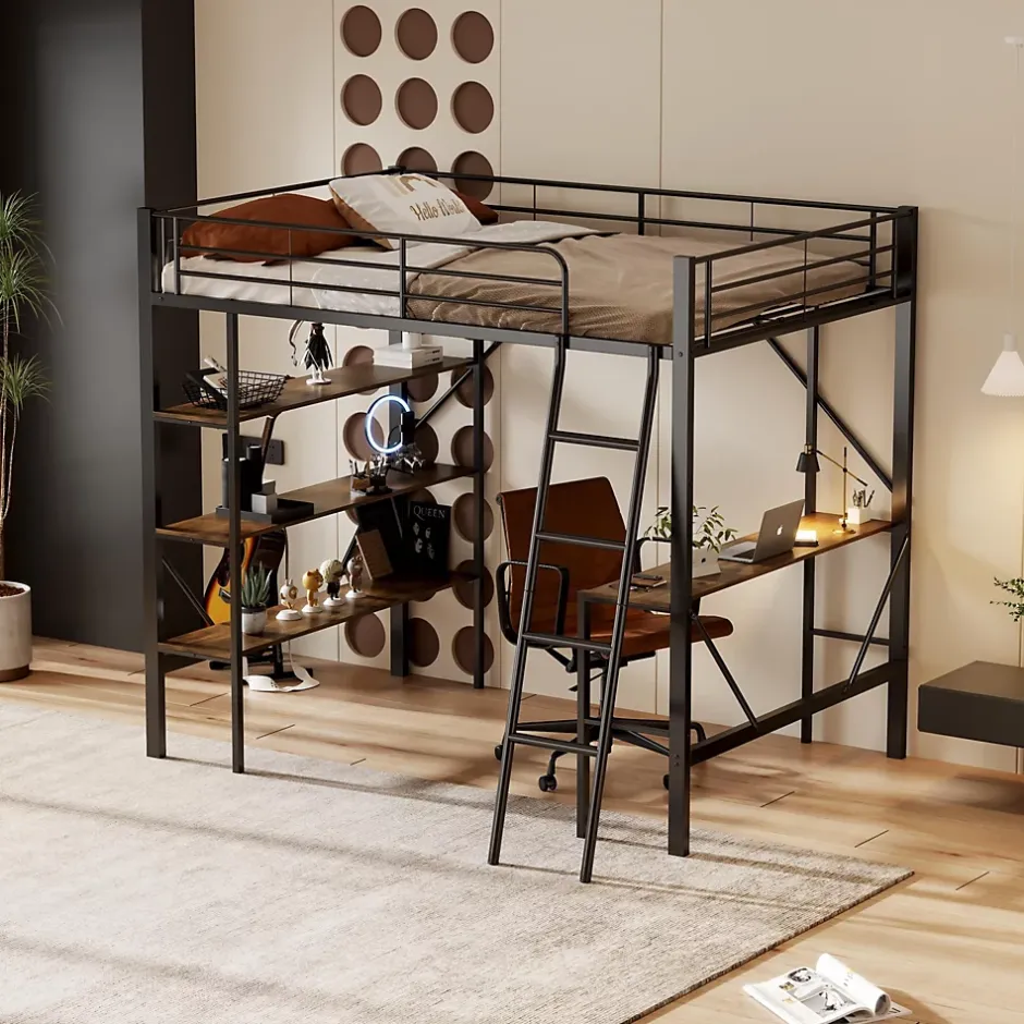 Okwish Lit mezzanine 90x200 cm - Lit avec bureau intégré - Structure métal - Sans matelas - Noir