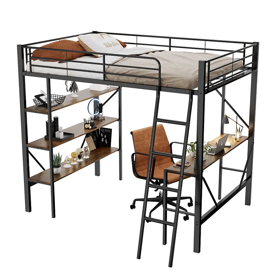 Okwish Lit mezzanine 90x200 cm - Lit avec bureau intégré - Structure métal - Sans matelas - Noir