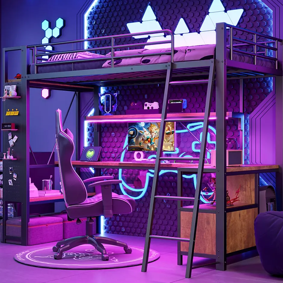 Okwish Lit Mezzanine 90x200 cm - Lit Ado avec Bureau Intégré, LED et Ports USB, Panneau Perforé et Rangement, Métal + MDF, Noir Best