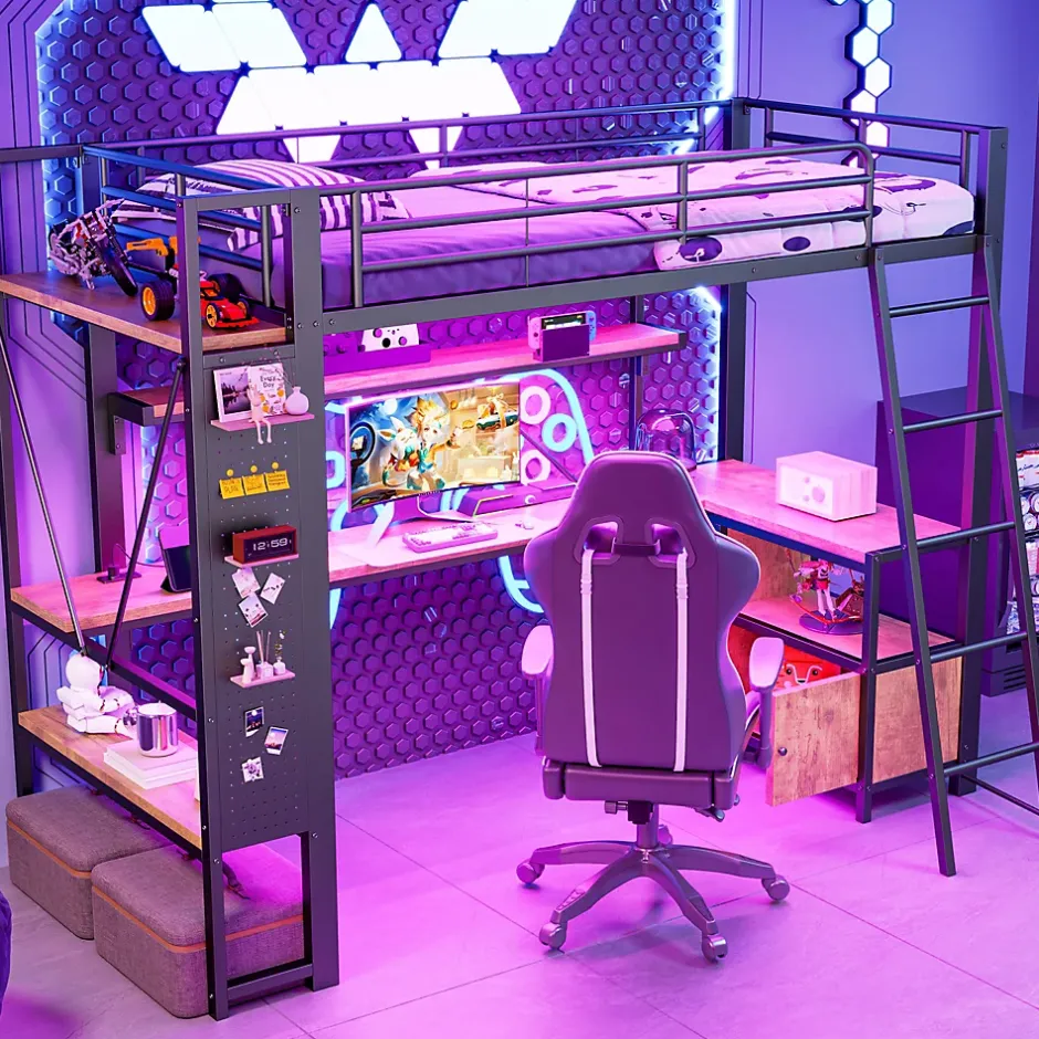 Okwish Lit Mezzanine 90x200 cm - Lit Ado avec Bureau Intégré, LED et Ports USB, Panneau Perforé et Rangement, Métal + MDF, Noir Best