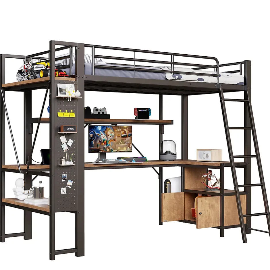 Okwish Lit Mezzanine 90x200 cm - Lit Ado avec Bureau Intégré, LED et Ports USB, Panneau Perforé et Rangement, Métal + MDF, Noir Best
