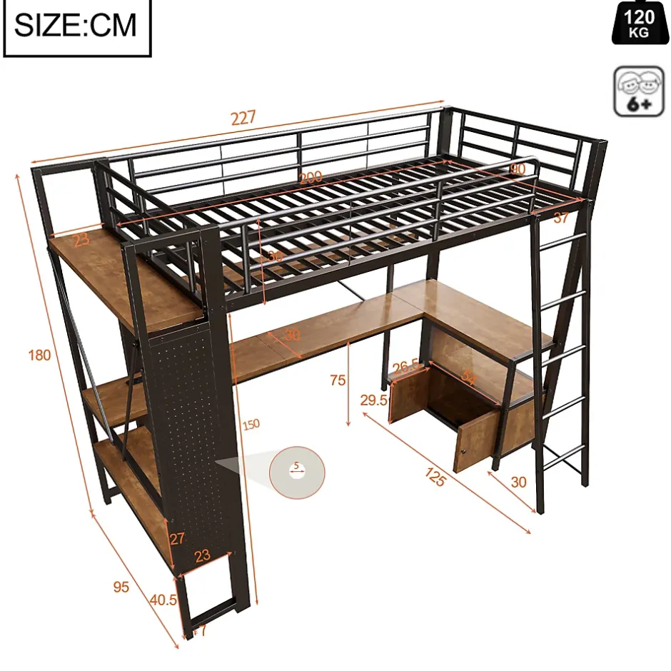 Okwish Lit Mezzanine 90x200 cm - Lit Ado avec Bureau Intégré, LED et Ports USB, Panneau Perforé et Rangement, Métal + MDF, Noir Best