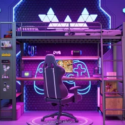 Okwish Lit Mezzanine 90x200 cm - Lit Ado avec Bureau Intégré, LED et Ports USB, Panneau Perforé et Rangement, Métal + MDF, Noir Best