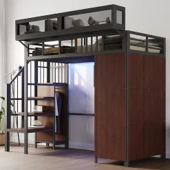 Okwish Lit Mezzanine 90x200 cm - Lit Ado avec Armoire et Éclairage LED, Garde-Corps en Filet - Sans Matelas - Métal et MDF - Noir Sale