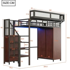 Okwish Lit Mezzanine 90x200 cm - Lit Ado avec Armoire et Éclairage LED, Garde-Corps en Filet - Sans Matelas - Métal et MDF - Noir Sale