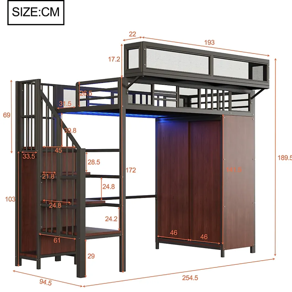 Okwish Lit Mezzanine 90x200 cm - Lit Ado avec Armoire et Éclairage LED, Garde-Corps en Filet - Sans Matelas - Métal et MDF - Noir Sale