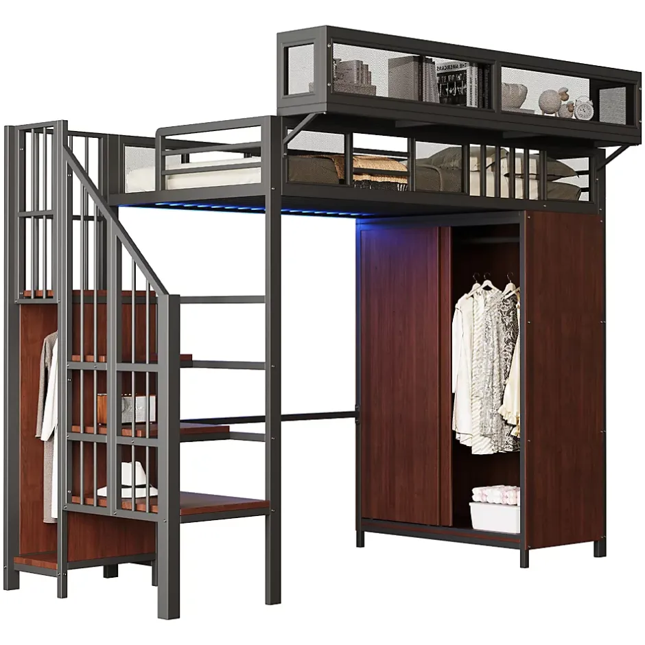 Okwish Lit Mezzanine 90x200 cm - Lit Ado avec Armoire et Éclairage LED, Garde-Corps en Filet - Sans Matelas - Métal et MDF - Noir Sale