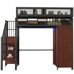 Okwish Lit Mezzanine 90x200 cm - Lit Ado avec Armoire et Éclairage LED, Garde-Corps en Filet - Sans Matelas - Métal et MDF - Noir Sale