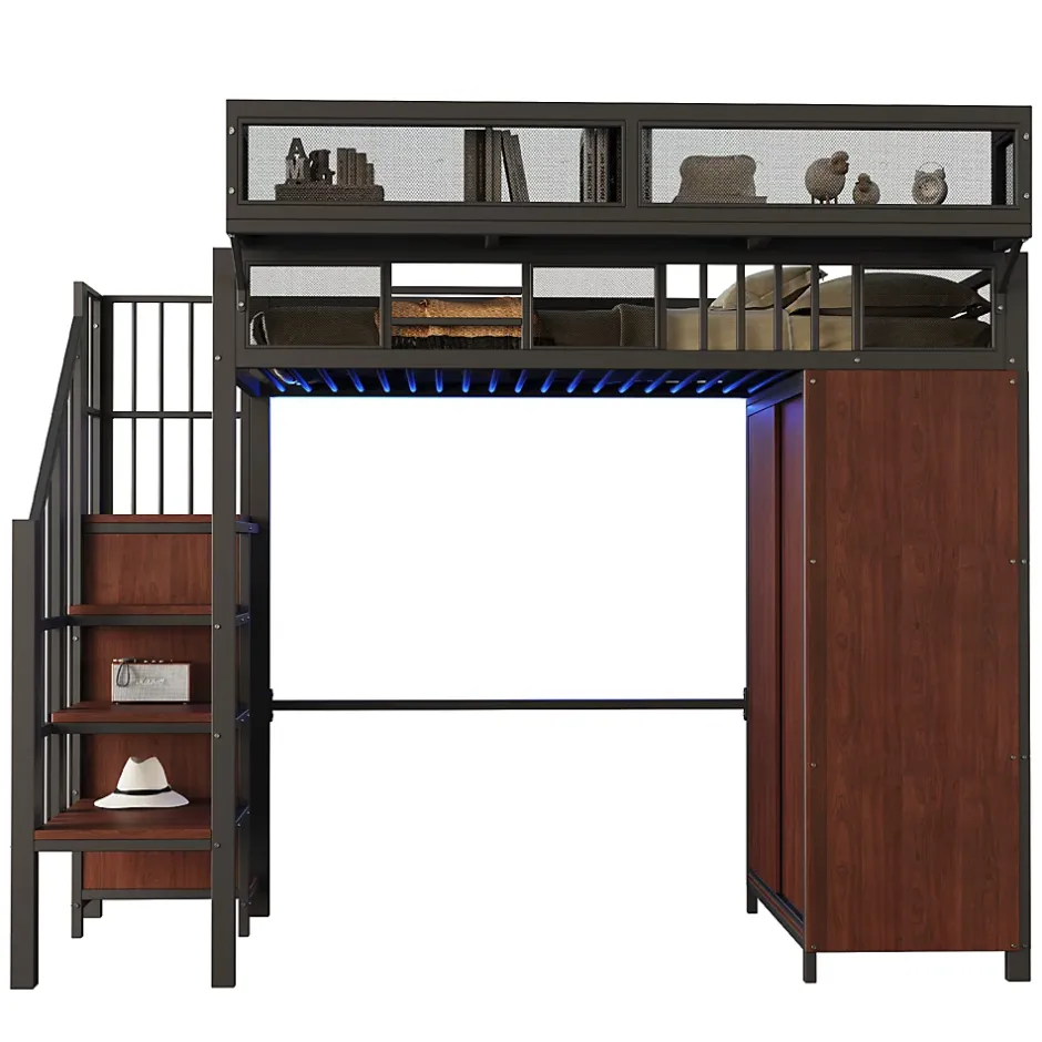 Okwish Lit Mezzanine 90x200 cm - Lit Ado avec Armoire et Éclairage LED, Garde-Corps en Filet - Sans Matelas - Métal et MDF - Noir Sale