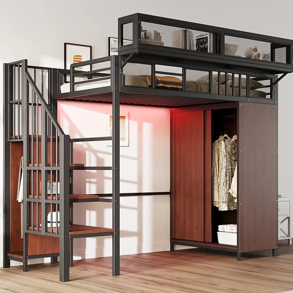 Okwish Lit Mezzanine 90x200 cm - Lit Ado avec Armoire et Éclairage LED, Garde-Corps en Filet - Sans Matelas - Métal et MDF - Noir Sale