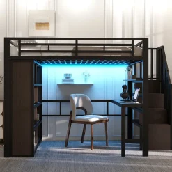 Okwish Lit Mezzanine 140x200 cm - Lit Ado avec Bureau Intégré, LED et Escalier de Rangement, Métal + MDF, Noir