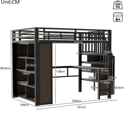 Okwish Lit Mezzanine 140x200 cm - Lit Ado avec Bureau Intégré, LED et Escalier de Rangement, Métal + MDF, Noir
