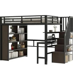 Okwish Lit Mezzanine 140x200 cm - Lit Ado avec Bureau Intégré, LED et Escalier de Rangement, Métal + MDF, Noir