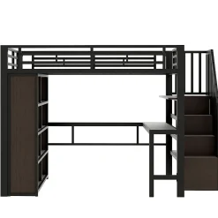 Okwish Lit Mezzanine 140x200 cm - Lit Ado avec Bureau Intégré, LED et Escalier de Rangement, Métal + MDF, Noir